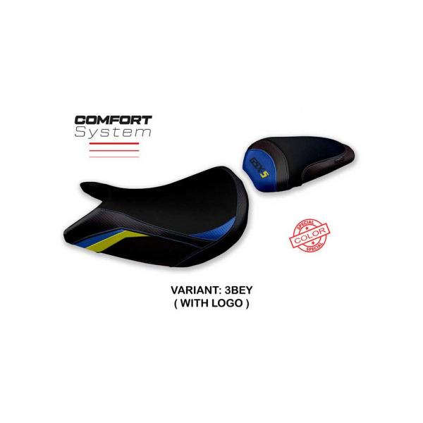 HOUSSE DE SELLE COMPATIBLE SUZUKI GSX S 1000 (21-22) MODÈLE LINDI SPECIAL COLOR - Logo : AVEC LOGO, Couleur : BLEU JAUNE, Type : CONFORT