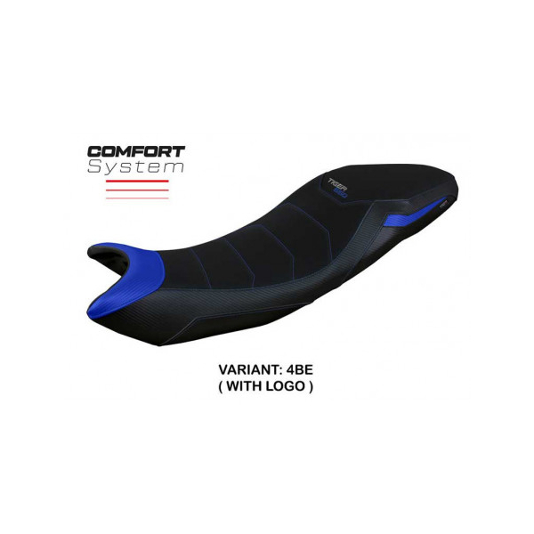 HOUSSE DE SELLE COMPATIBLE TRIUMPH TIGER 660 (21-22) MODÈLE DERRY - Logo : AVEC LOGO, Couleur : BLEU, Type : CONFORT