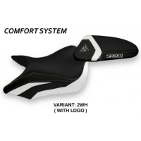 HOUSSE DE SELLE COMPATIBLE TRIUMPH SPEED TRIPLE (16-21) MODÈLE MAGLIE 1 - Logo : AVEC LOGO, Couleur : BLANC, Type : CONFORT