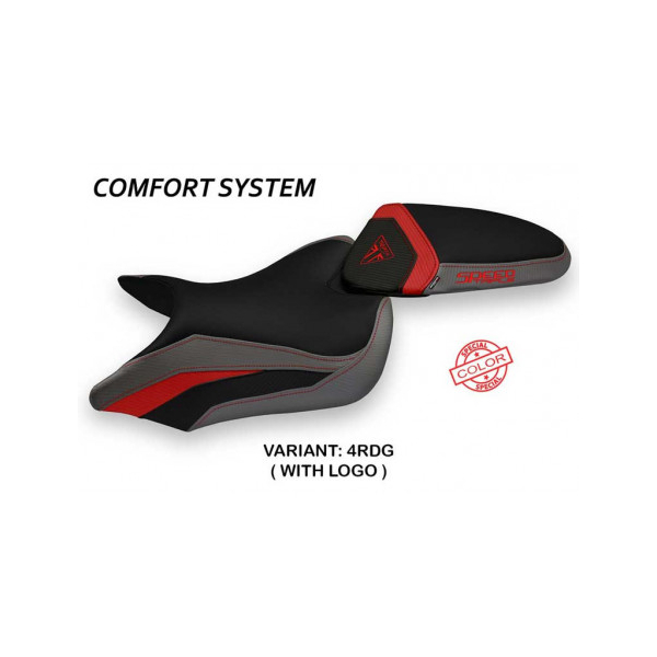 HOUSSE DE SELLE COMPATIBLE TRIUMPH SPEED TRIPLE (16-21) MODÈLE MAGLIE SPECIAL CO - Logo : AVEC LOGO, Couleur : ROUGE GRIS, Type : CONFORT