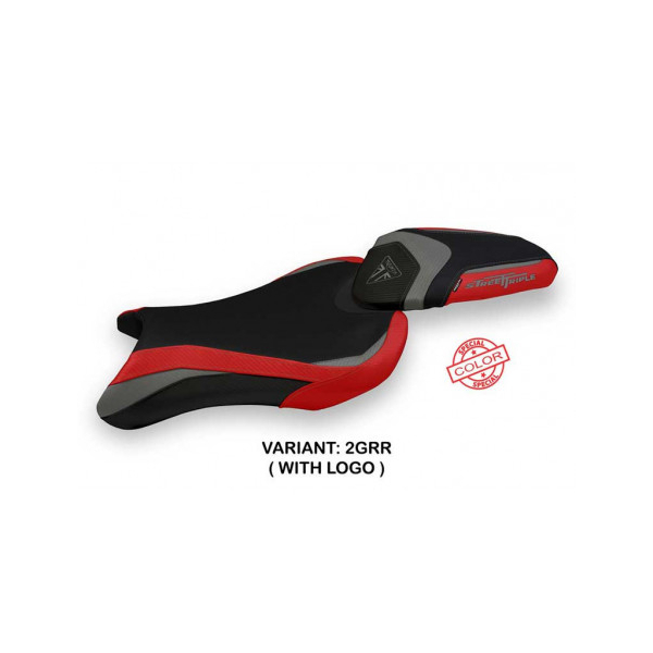 HOUSSE DE SELLE COMPATIBLE TRIUMPH STREET TRIPLE (17-22) SARZANA MODÈLE SPECIAL - Type : STANDARD, Logo : AVEC LOGO, Couleur : GRIS ROUGE