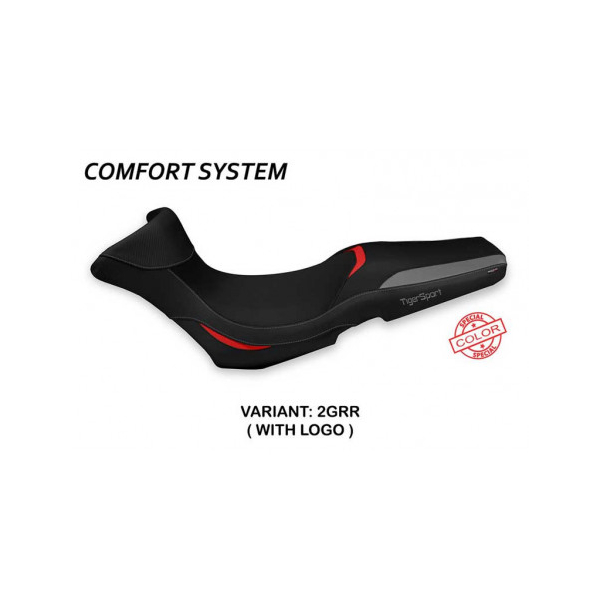 HOUSSE DE SELLE COMPATIBLE  TRIUMPH TIGER 1050 SPORT (13-20) MODÈLE GERGEI SPECI - Type : CONFORT, Logo : AVEC LOGO, Couleur : GRIS ROUGE