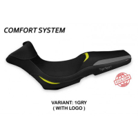 HOUSSE DE SELLE COMPATIBLE  TRIUMPH TIGER 1050 SPORT (13-20) MODÈLE GERGEI SPECI - Type : CONFORT, Logo : AVEC LOGO, Couleur : GRIS JAUNE