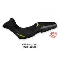 HOUSSE DE SELLE COMPATIBLE  TRIUMPH TIGER 1050 SPORT (13-20) - MODÈLE JULFA SPEC - Type : STANDARD, Logo : AVEC LOGO, Couleur : GRIS JAUNE