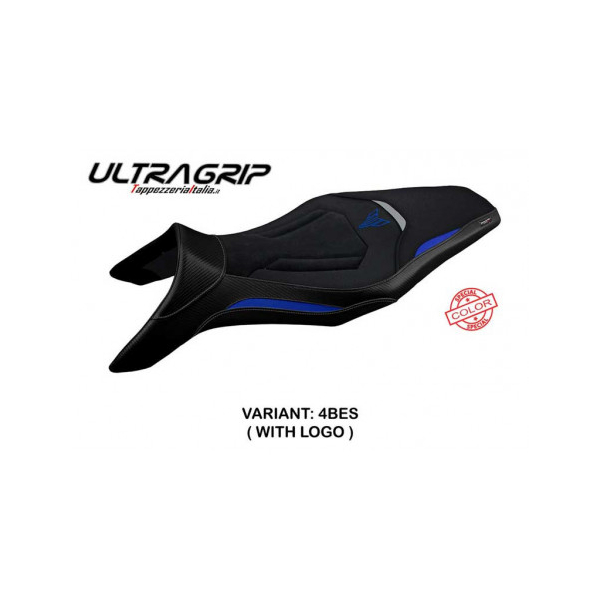 HOUSSE DE SELLE COMPATIBLE YAMAHA MT-09 (13-20) MODÈLE ASHA SPECIAL COLOR - Logo : AVEC LOGO, Couleur : BLEU ARGENT, Type : ULTRAGRIP