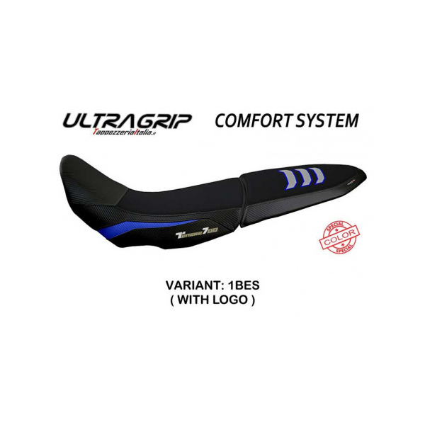 HOUSSE DE SELLE COMPATIBLE  YAMAHA TENERE 700 (19-22) MODÈLE GULFI - Logo : AVEC LOGO, Couleur : BLEU ARGENT, Type : CONFORT