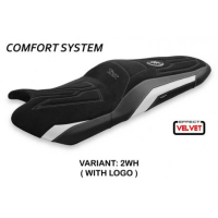 HOUSSE DE SELLE COMPATIBLE YAMAHA T-MAX (17-20) MODÈLE SCRUTARI 2 VELVET - Logo : AVEC LOGO, Couleur : BLANC, Type : CONFORT