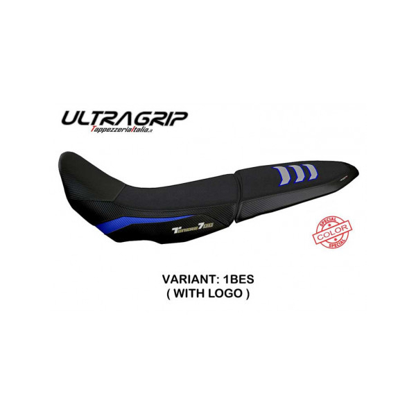 HOUSSE DE SELLE COMPATIBLE  YAMAHA TENERE 700 (19-22) MODÈLE LICATA ULTRAGRIP, B - Logo : AVEC LOGO, Type : ULTRAGRIP, Couleur : BLEU ARGENT