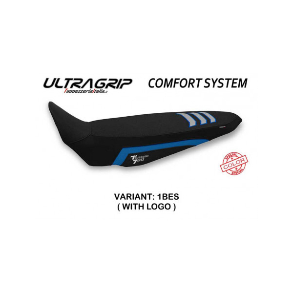 HOUSSE DE SELLE COMPATIBLE YAMAHA TENERE 700 (19-22) MODÈLE LIDDEL - Logo : AVEC LOGO, Couleur : BLEU ARGENT, Type : CONFORT