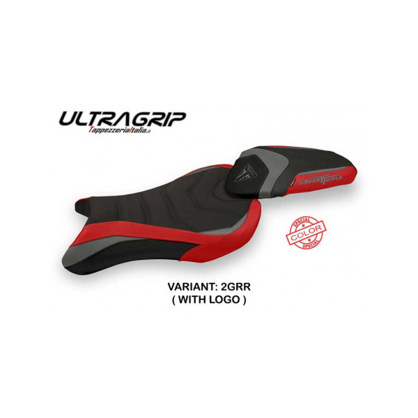 HOUSSE DE SELLE COMPATIBLE TRIUMPH STREET TRIPLE (17-22) AVANE SPECIAL COLOR MOD - Logo : AVEC LOGO, Couleur : GRIS ROUGE, Type : ULTRAGRIP