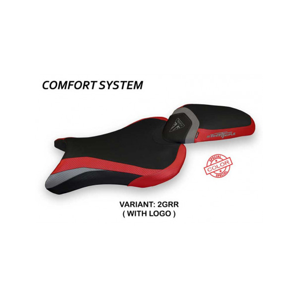 HOUSSE DE SELLE COMPATIBLE TRIUMPH STREET TRIPLE (17-22) MODÈLE MOLINA SPECIAL C - Type : CONFORT, Logo : AVEC LOGO, Couleur : GRIS ROUGE