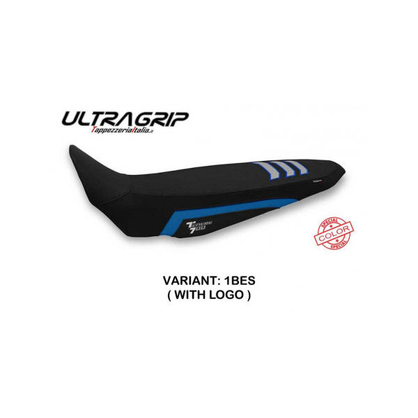 HOUSSE DE SELLE COMPATIBLE  YAMAHA TENERE 700 (19-22) MODÈLE TOAB - Logo : AVEC LOGO, Couleur : BLEU ARGENT, Type : ULTRAGRIP