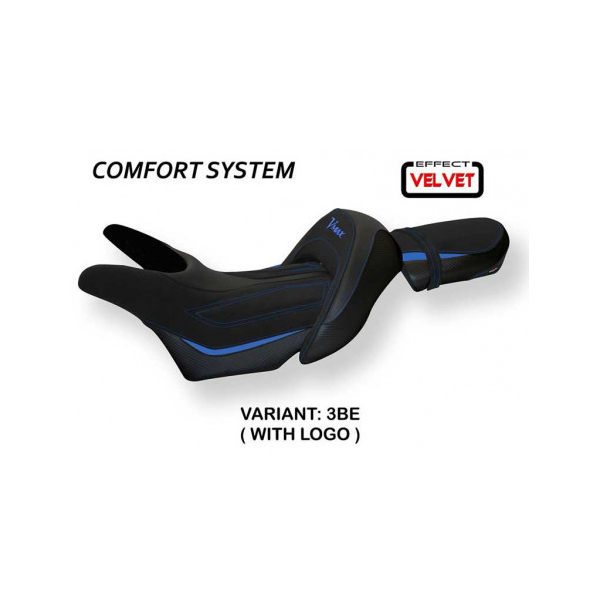 HOUSSE DE SELLE COMPATIBLE YAMAHA V-MAX 1700 (08-17) MODÈLE ODESSA VELVET - Logo : AVEC LOGO, Couleur : BLEU, Type : CONFORT