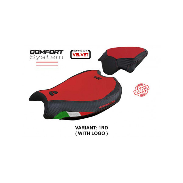 HOUSSE DE SELLE COMPATIBLE DUCATI STREETFIGHTER V2 (2022) MODÈLE MINA VELVET - Couleur : ROUGE, Type : CONFORT, Logo : AVEC LOGO