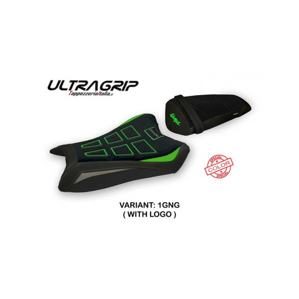 HOUSSE DE SELLE COMPATIBLE  KAWASAKI NINJA ZX 10 R (11-15) MODÈLE PERLIS SPECIAL - Logo : AVEC LOGO, Couleur : VERT GRIS, Type : CONFORT