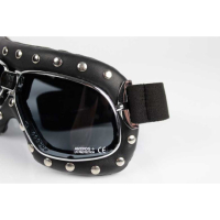 LUNETTES NANNINI BIKER - Couleur : Chrome poli - cuir noir avec clous, Couleur verre : ECRAN Gris antibuée 
