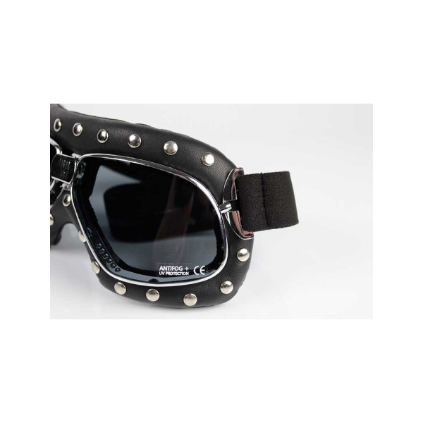 LUNETTES NANNINI BIKER - Couleur : Chrome poli - cuir noir avec clous, Couleur verre : ECRAN Gris antibuée