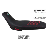 HOUSSE DE SELLE COMPATIBLE APRILIA TUAREG 660 (21-22) MODÈLE BORAS CONFORT, BLEU - Logo : AVEC LOGO, Type : ULTRAGRIP, Couleur : ARGENT JAUNE