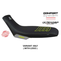 HOUSSE DE SELLE COMPATIBLE APRILIA TUAREG 660 (21-22) MODÈLE BORAS CONFORT, BLEU - Logo : AVEC LOGO, Couleur : ARGENT JAUNE, Type : ULTRAGRIP