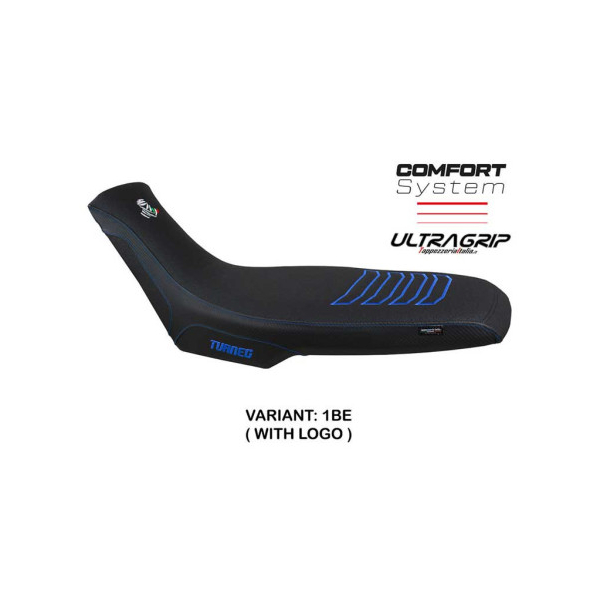 HOUSSE DE SELLE COMPATIBLE APRILIA TUAREG 660 (21-22) MODÈLE BORAS CONFORT, BLEU - Logo : AVEC LOGO, Type : ULTRAGRIP, Couleur : BLANC BLEU