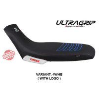HOUSSE DE SELLE COMPATIBLE APRILIA TUAREG 660 (21-22) MODÈLE BORAS CONFORT, BLEU - Logo : AVEC LOGO, Type : ULTRAGRIP, Couleur : BLANC BLEU