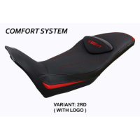 HOUSSE DE SELLE COMPATIBLE MOTO GUZZI V85 TT (19-22) MODÈLE EVERETT - Type : STANDARD, Logo : AVEC LOGO, Couleur : ROUGE ARGENT