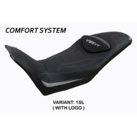 HOUSSE DE SELLE COMPATIBLE  MOTO GUZZI V85 TT (19-22) MODÈLE EVERETT - Logo : AVEC LOGO, Couleur : ARGENT, Type : STANDARD