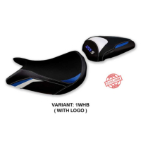 HOUSSE DE SELLE COMPATIBLE SUZUKI GSX S 1000 (21-22) MODÈLE LINDI SPECIAL COLOR - Logo : AVEC LOGO, Type : ULTRAGRIP, Couleur : BLANC BLEU