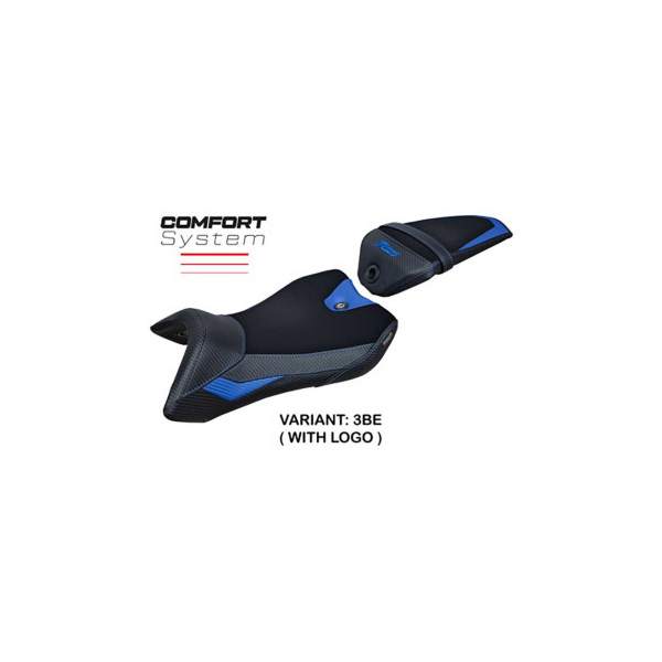 HOUSSE DE SELLE COMPATIBLE YAMAHA R125 (16-18) MODÈLE NASHIK - Logo : AVEC LOGO, Couleur : BLANC BLEU, Type : ULTRAGRIP