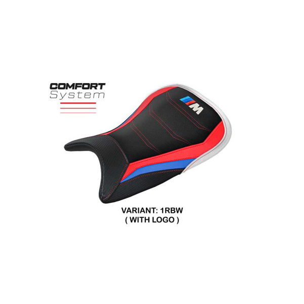 HOUSSE DE SELLE COMPATIBLE BMW M 1000 R 22-23 MODÈLE NERJA - Logo : AVEC LOGO, Type : ULTRAGRIP, Couleur : ROUGE BLANC BLEU