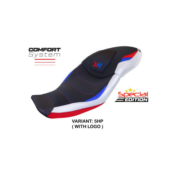 HOUSSE DE SELLE COMPATIBLE BMW S 1000 XR 20-23 MODÈLE DRESDEN - Type : STANDARD, Logo : AVEC LOGO, Couleur : BLANC ROUGE BLEU