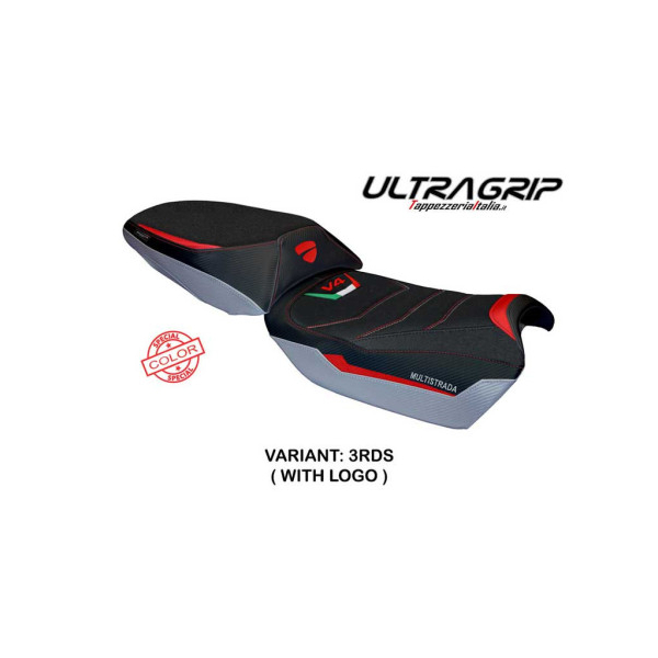 HOUSSE DE SELLE COMPATIBLE DUCATI MULTISTRADA V4 RALLY 2023 MODÈLE ADRIA - Logo : AVEC LOGO, Couleur : ROUGE ARGENT, Type : ULTRAGRIP
