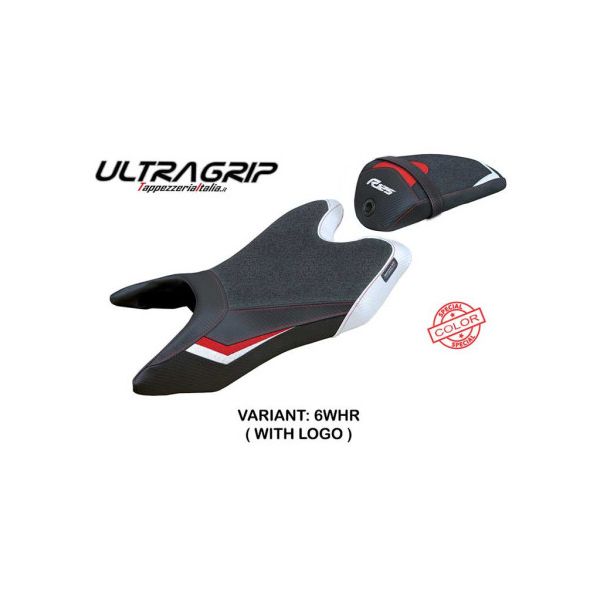 HOUSSE DE SELLE COMPATIBLE YAMAHA R125 19-23 MODÈLE ASWHY - Logo : AVEC LOGO, Couleur : BLANC BLEU, Type : ULTRAGRIP