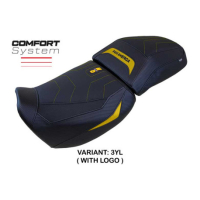 HOUSSE DE SELLE COMPATIBLE HARLEY DAVIDSON PAN AMERICA 21-23 MODÈLE VEGAS - Couleur : JAUNE, Logo : AVEC LOGO, Type : CONFORT CHAUFFANTE